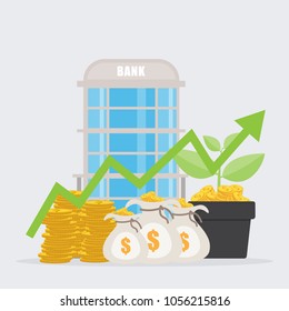 Bank building with graph money bag and small coin treee ,investment in property concept.