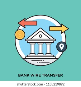 
A bank building having location pointer and dollar symbols with opposite arrows giving the idea o wire transfer of money 
