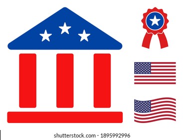 Bank building icon in blue and red colors with stars. Bank building illustration style uses American official colors of Democratic and Republican political parties, and star shapes.