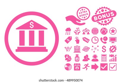 Bank Building icon with bonus clip art. Vector illustration style is flat iconic symbols, pink color, white background.