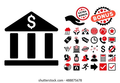 Bank Building icon with bonus design elements. Vector illustration style is flat iconic bicolor symbols, intensive red and black colors, white background.