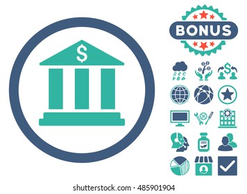 Bank Building icon with bonus elements. Vector illustration style is flat iconic bicolor symbols, cobalt and cyan colors, white background.