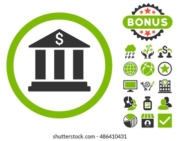 Bank Building icon with bonus elements. Vector illustration style is flat iconic bicolor symbols, eco green and gray colors, white background.