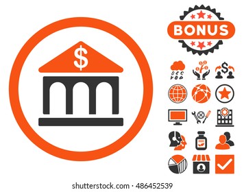 Bank Building icon with bonus elements. Vector illustration style is flat iconic bicolor symbols, orange and gray colors, white background.