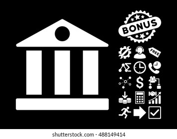 Bank Building icon with bonus elements. Vector illustration style is flat iconic symbols, white color, black background.