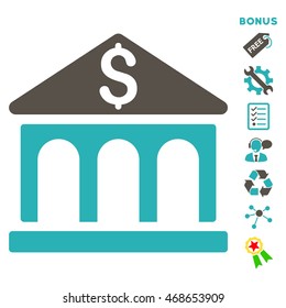 Bank Building icon with bonus pictograms. Vector illustration style is flat iconic bicolor symbols, grey and cyan colors, white background, rounded angles.