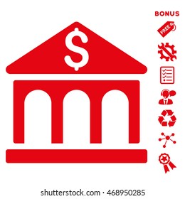 Bank Building icon with bonus pictograms. Vector illustration style is flat iconic symbols, red color, white background, rounded angles.