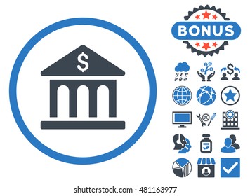 Bank Building icon with bonus. Vector illustration style is flat iconic bicolor symbols, smooth blue colors, white background.