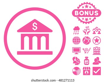Bank Building icon with bonus. Vector illustration style is flat iconic symbols, pink color, white background.