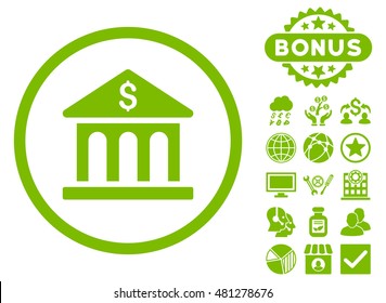 Bank Building icon with bonus. Vector illustration style is flat iconic symbols, eco green color, white background.