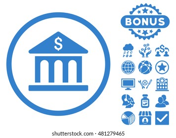 Bank Building icon with bonus. Vector illustration style is flat iconic symbols, cobalt color, white background.