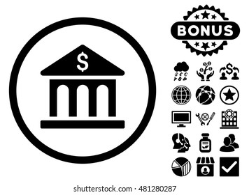 Bank Building icon with bonus. Vector illustration style is flat iconic symbols, black color, white background.