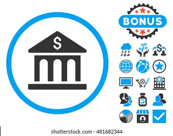 Bank Building icon with bonus. Vector illustration style is flat iconic bicolor symbols, blue and gray colors, white background.