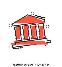 Bank building icon in comic style. Government architecture vector cartoon illustration pictogram. Museum exterior business concept splash effect.