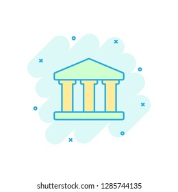 Bank building icon in comic style. Government architecture vector cartoon illustration pictogram. Museum exterior business concept splash effect.