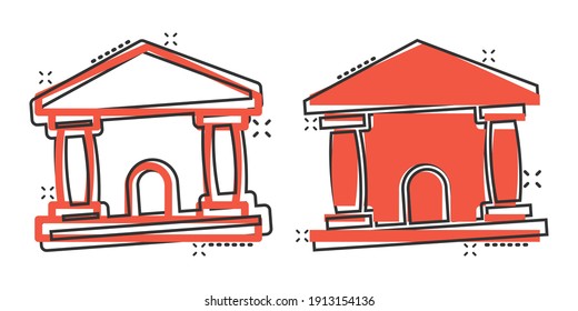 Bank building icon in comic style. Government architecture cartoon vector illustration on white background. Museum exterior splash effect business concept.
