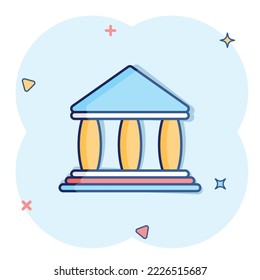Bank building icon in comic style. Government architecture cartoon vector illustration on white background. Museum exterior splash effect business concept.
