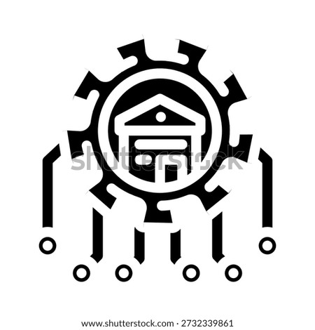 Bank building icon embedded in a spinning gear with glowing digital links, representing fintech, automated banking, secure financial processing and modern digital finance systems