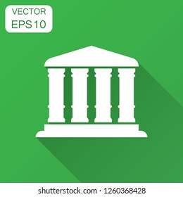 Bank building icon in flat style. Government architecture vector illustration with long shadow. Museum exterior business concept.