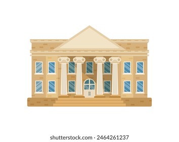 Bank building icon in flat style. Financing department vector illustration on isolated background. Courthouse with columns sign business concept.