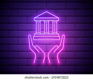 icono de construcción de banco con las manos. Elementos de la web en iconos de estilo neón. Icono simple para sitios web, diseño web, aplicación móvil, infografía aislada en pared de ladrillo.