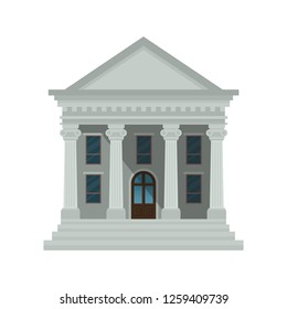 Bank building icon isolated on white background. Front view of court house, bank, university or government institution. Vector illustration. Flat design style. Eps 10.