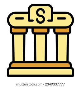 Vector de contorno de icono de construcción bancaria. Ingresos financieros. Color de ganancia de dinero plano