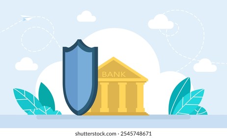 Ícone de edifício de banco com escudo de segurança. Cartaz conceito bancário seguro, escudo de construção de banco, operações seguras, escudo de armadura de conta segura bloqueado e privado. Ilustração vetorial