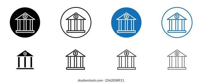 Bank building icon set in black and blue colors