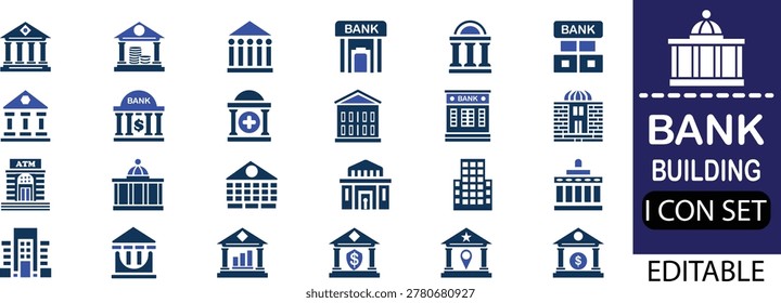 bank building icon set - solid icon collection vector illustration design. A bank building stands as a symbol of trust and stability, where financial dreams are protected and opportunities begin.
With its strong structure and welcoming doors, it connects people, businesses, and communities through secure banking services.