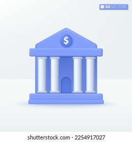 Bank Building icon symbols. University, Columns and pillars, International Literacy Day concept. 3D vector isolated illustration design Cartoon pastel Minimal style. For design ux, ui, print ad