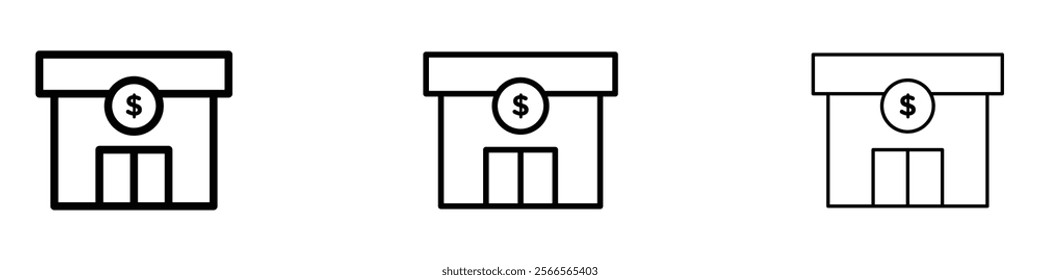 Bank building icon in tree different line stroke sizes.