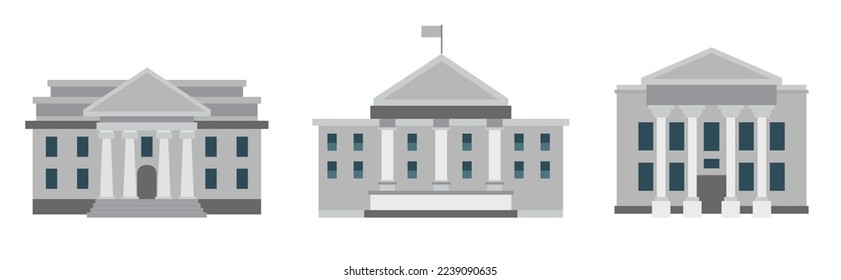 Bank building icon. Vector illustration, set of bank buildings. 3 houses. Gray colors, flat style, eps. icon sets with Building theme. Business centre vector illustration on white background