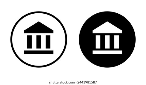 Bank building icon vector on black circle. Museum university sign symbol