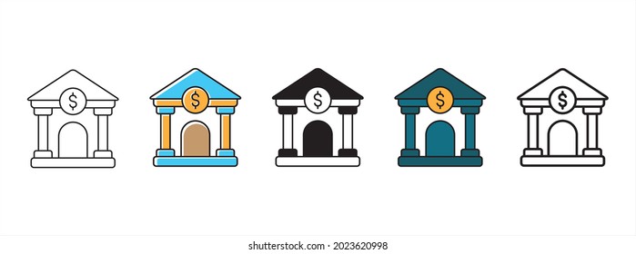 Conjunto de vectores de icono de construcción de banco. Conjunto de iconos de la ilustración de la construcción delantera del banco. Símbolo de intercambio de dinero, financiero, de ahorro y préstamo.