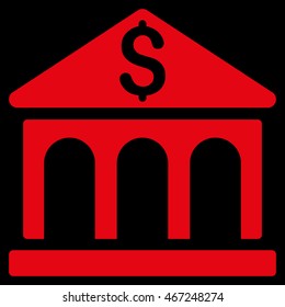 Bank Building icon. Vector style is flat iconic symbol with rounded angles, red color, black background.