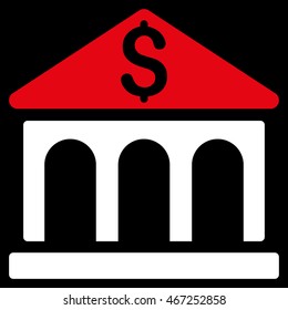 Bank Building icon. Vector style is bicolor flat iconic symbol with rounded angles, red and white colors, black background.