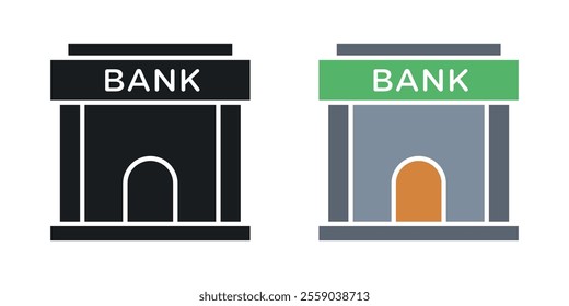 Bank building icons in black and colored version