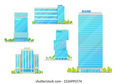 Bank building icons, modern financial establishment. Vector facade of banking institution, government finance or investment department. Exterior of public structure with parking zone, tree and cars