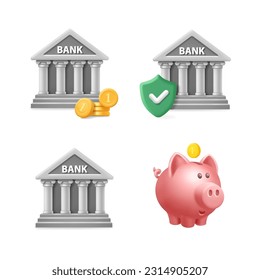 Bank building icons and piggy bank. Online banking, finance, bank transactions, bank service. 3d vector set.