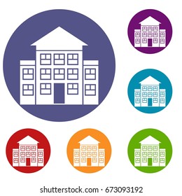 Bank building icons set in flat circle reb, blue and green color for web