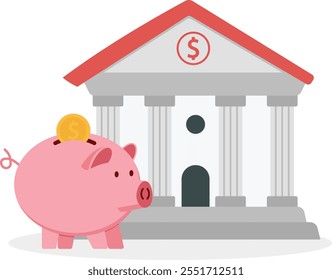 Ilustración de edificio de banco con símbolo de hucha. Lugar para la Ilustración vectorial del Ahorra dinero
