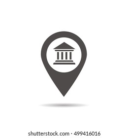 Bank building inside pinpoint. Municipal establishments location icon. Courthouse nearby. Drop shadow silhouette symbol. Vector isolated illustration