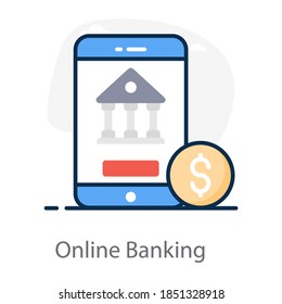 Bank building inside smartphone with dollar, concept of online banking icon