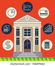 Bank Building Institution Line Icons Floating Around