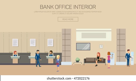 Bank building interior with reception and couch, atm or cash dispenser, automated teller machine and clock. Woman working as financial consulting. Can be used for credit or banking theme