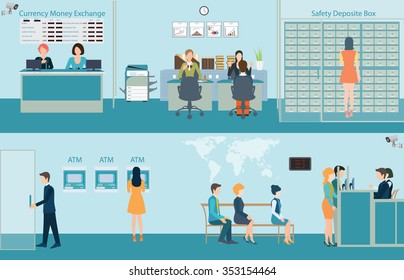 Bank Building Interior,counter Desk,cashier, Consulting,money Currency Exchange, Financial Services, ATM And Safety Deposit Box With CCTV Security Camera, Banking Concept Vector Illustration.