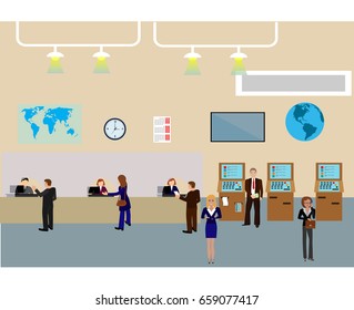 Bank building interior,counter desk,cashier, consulting,money currency exchange, financial services, 