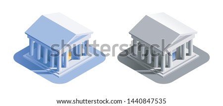 Bank Building. Isometric view at exterior of a bank or a museum building, represented in different color variations.