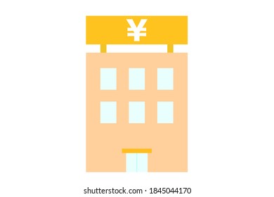 Bank building. Japanese yen symbol on the signboard.